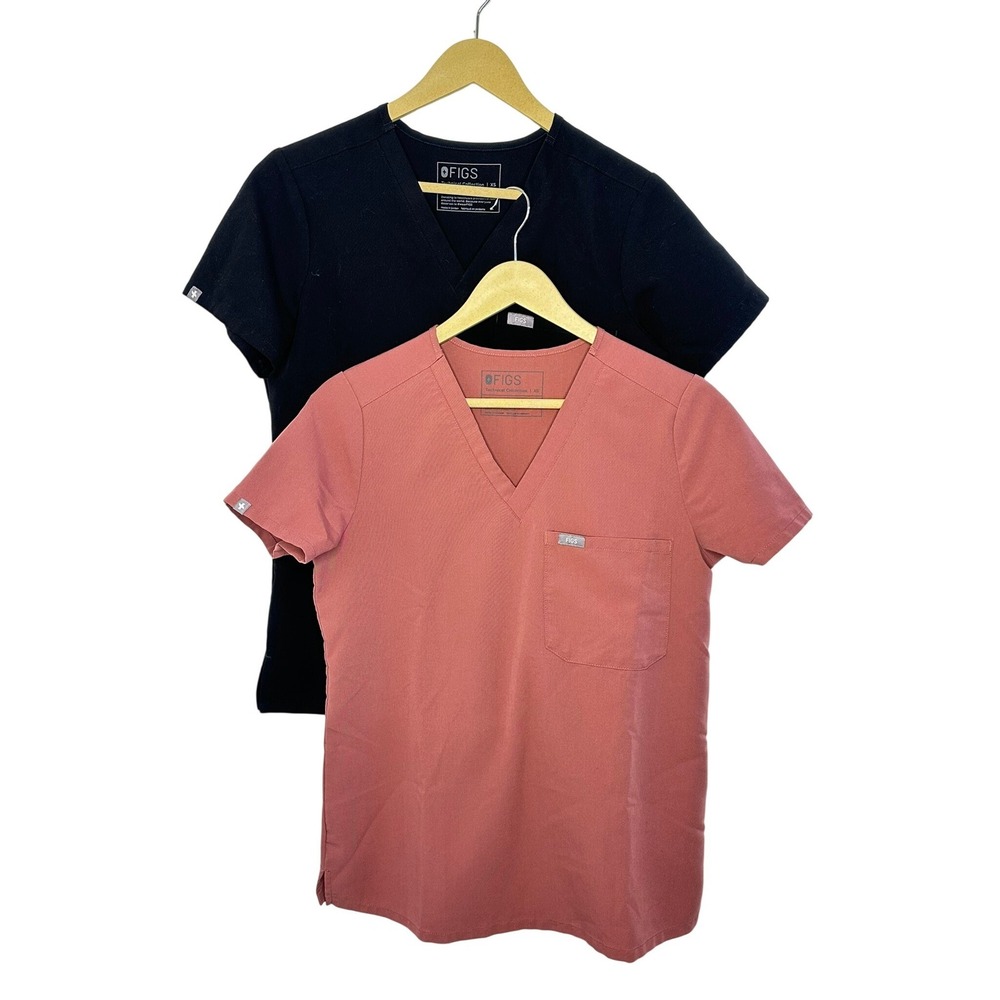 FIGS Catarina Scrub Tops Set of 2 Black and Mauve V-Neck XS‎ FW1000